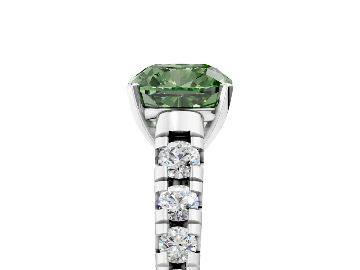 Fancy Green Cushion Cut Diamond Cathedral Solitaire Ring with Round Pavé Band Silver