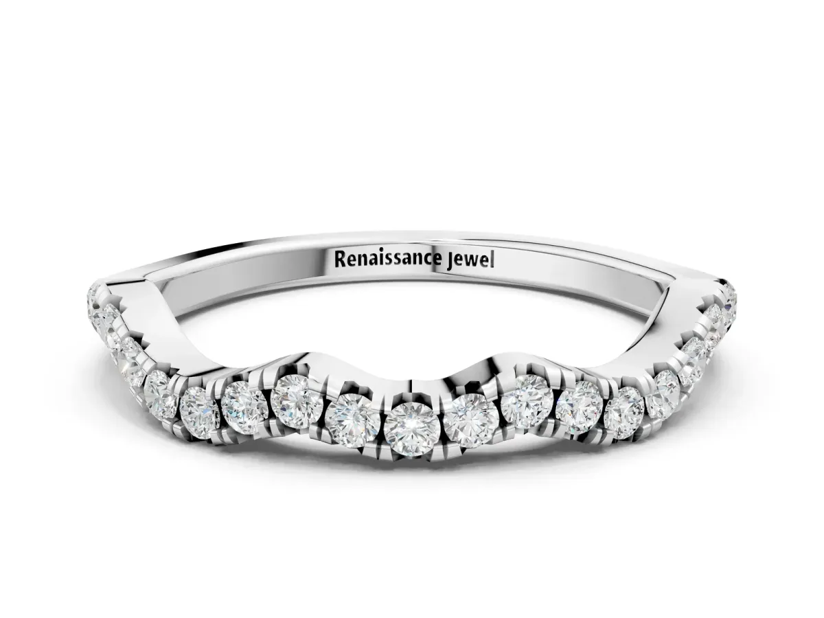 Round Diamond Scalloped Pavé Wedding Band with Shared Prong Setting White gold