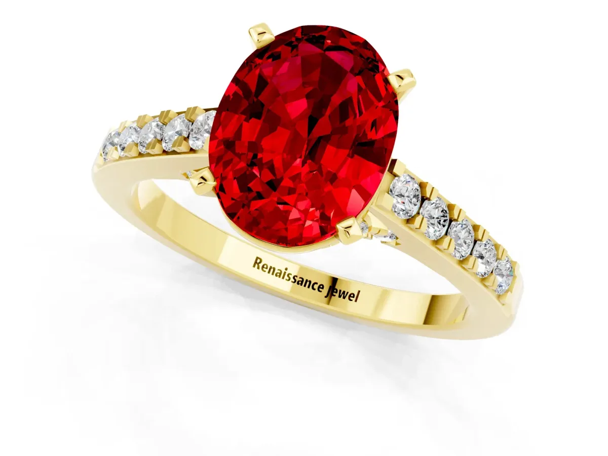 Oval Cut Ruby Solitaire Ring with Crossover Gallery and Round Pavé Band Yellow gold