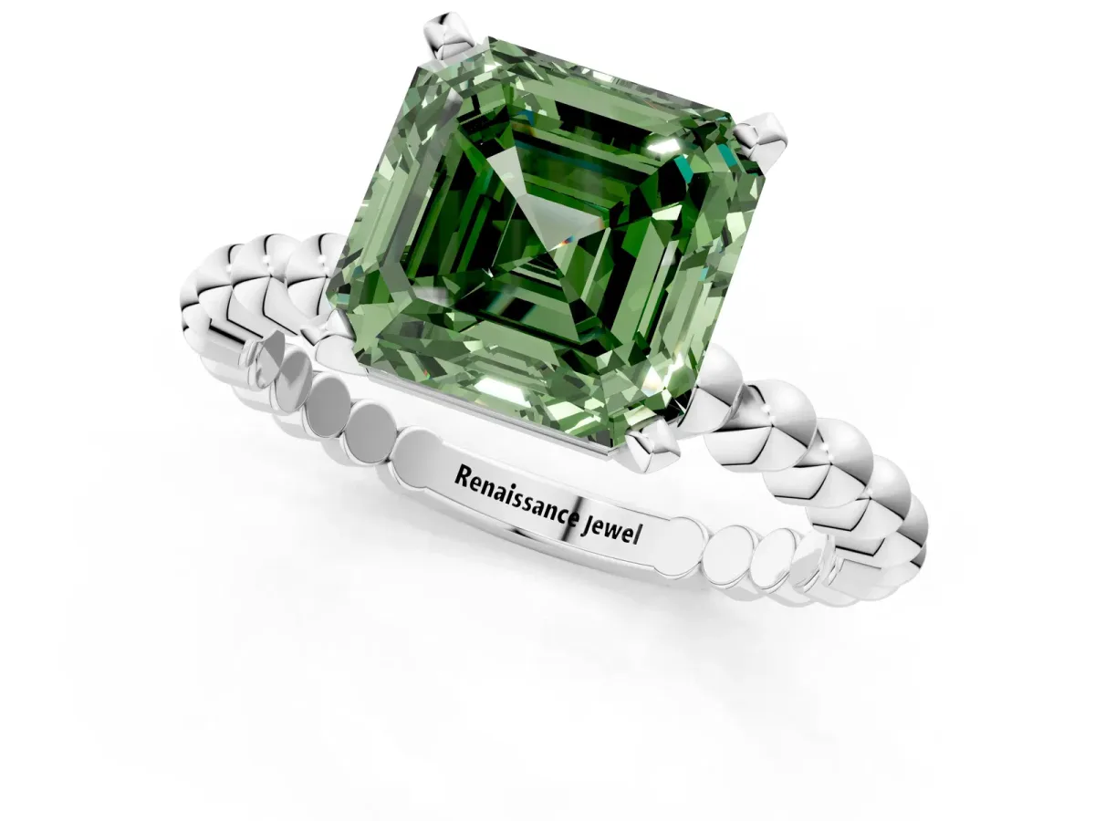 Fancy Green Asscher Cut Diamond Solitaire Ring with Beaded Band and Prong Setting Silver