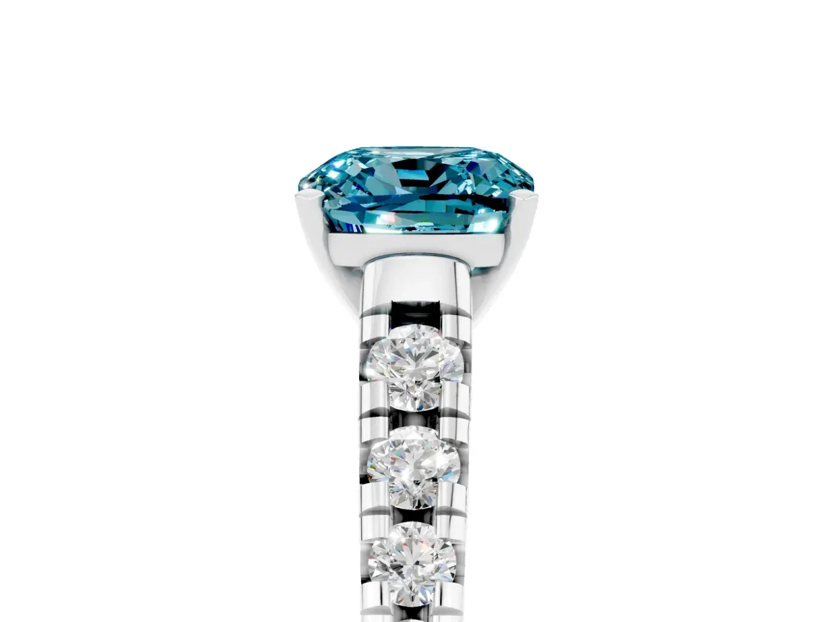Cushion Cut Blue Topaz Cathedral Solitaire Ring with Round Pavé Band Silver