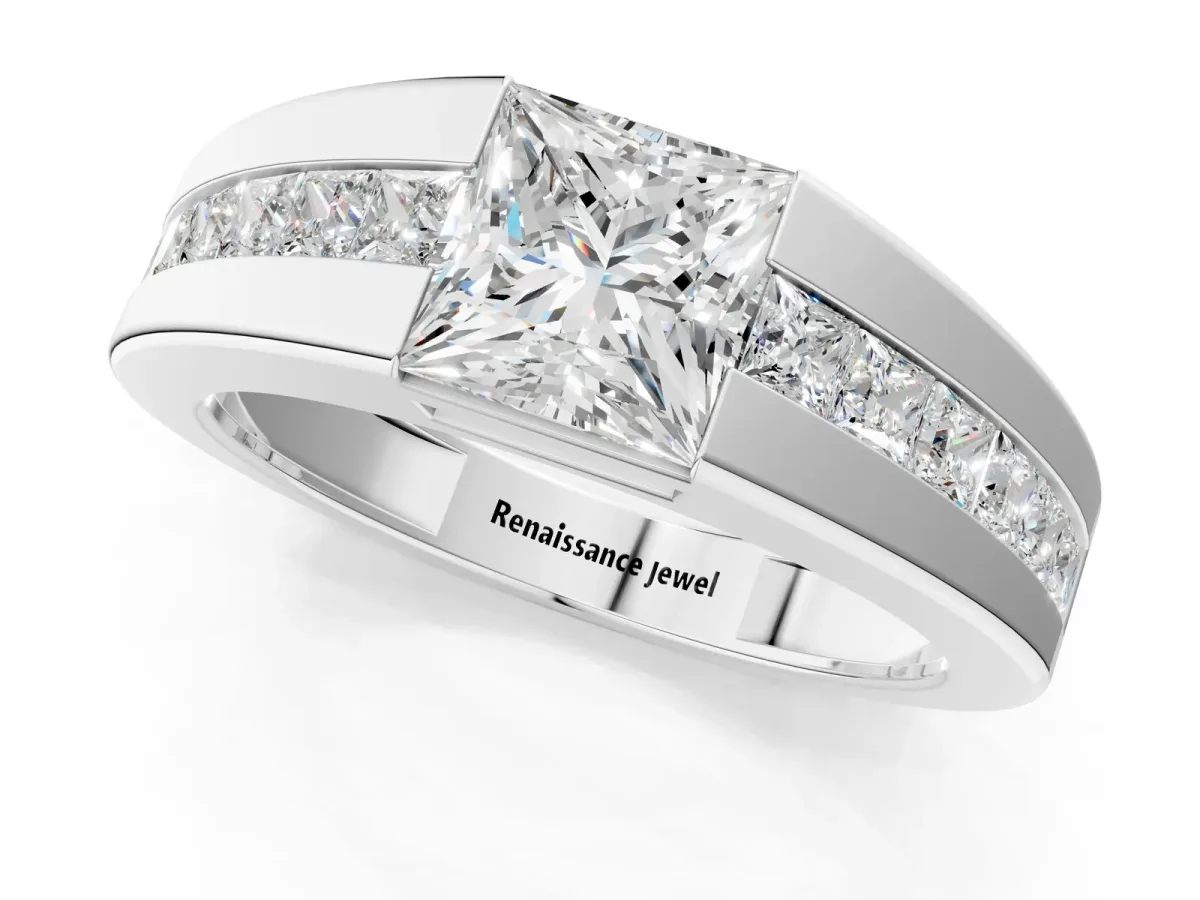 Princess Diamond Channel Set Mens Ring Silver