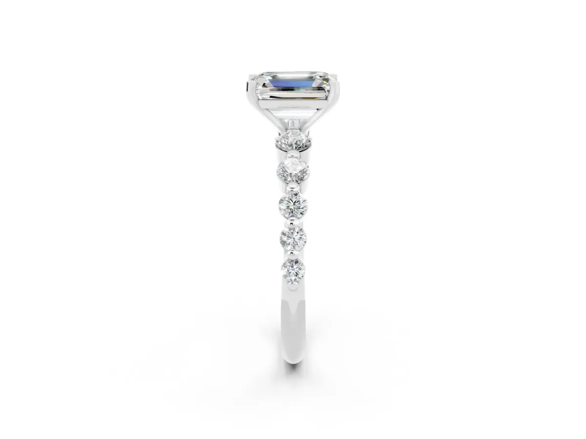 Emerald Cut Solitaire Moissanite Ring with Pave Band and Four-Prong Setting Platinum