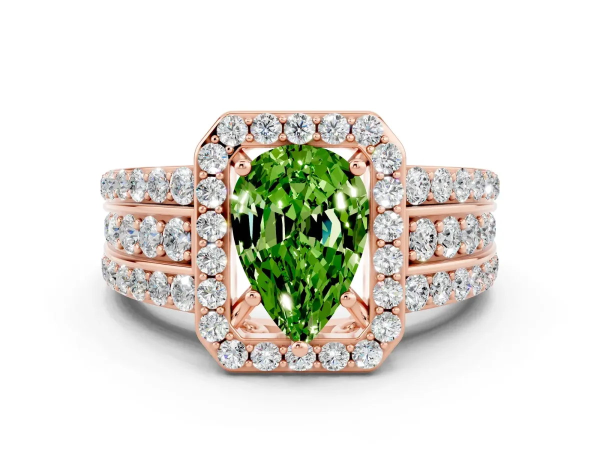 Pear Cut Halo Peridot Ring with Round Split Shank and Prong Setting Rose gold