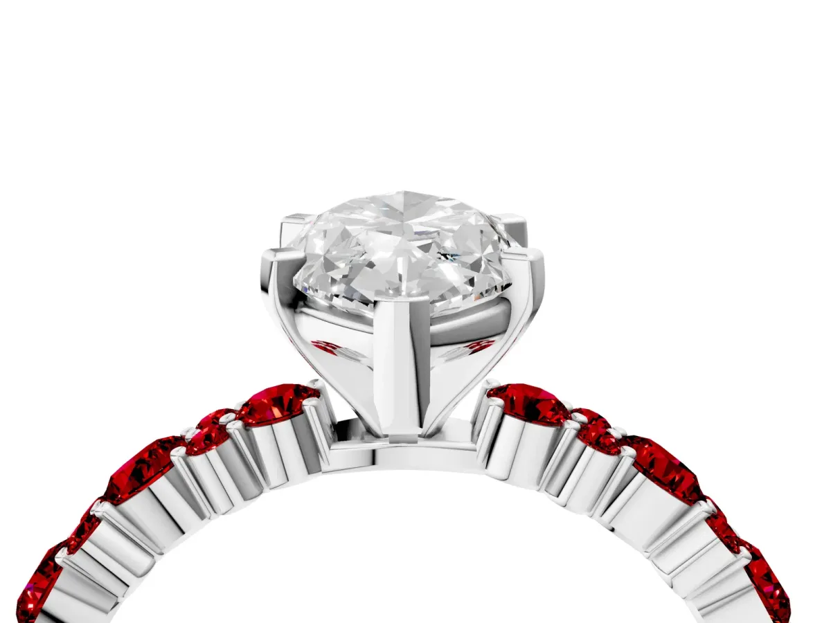 Marquise Cut Diamond Side Stone Solitaire Ring with Round Ruby and Four-Prong Setting Silver