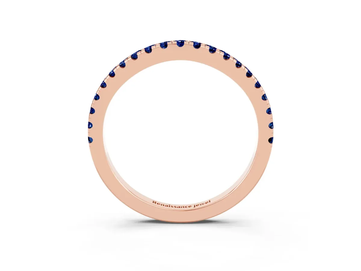 Round Blue Sapphire Pavé Half Eternity Band with Shared Prong Setting Rose gold
