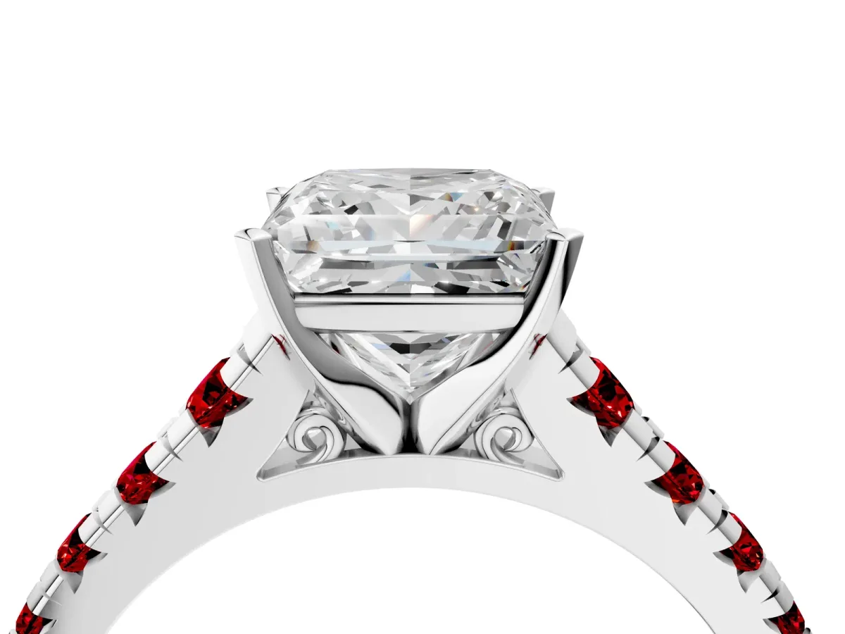 Princess Cut Diamond Cathedral Solitaire Ring with Round Ruby Pavé Band Silver