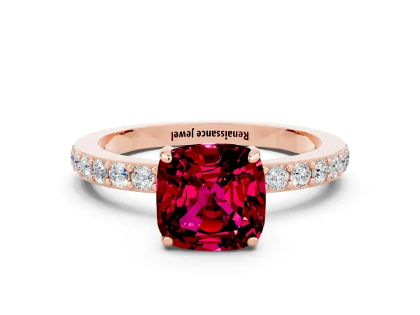 Cushion Cut Garnet Solitaire Engagement Ring with Pavé Band and Four-Prong Setting Rose gold