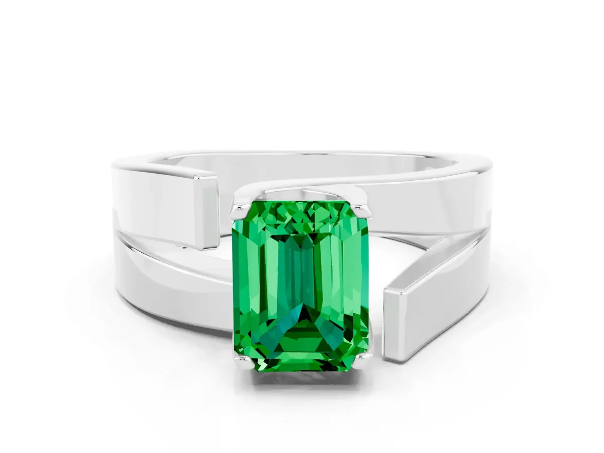 Modern Tension Set Emerald Cut Emerald Solitaire Wide Band Ring Silver