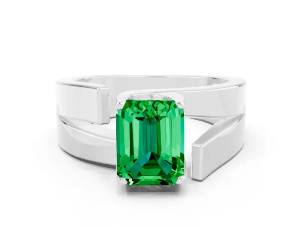 Modern Tension Set Emerald Cut Emerald Solitaire Wide Band Ring Silver