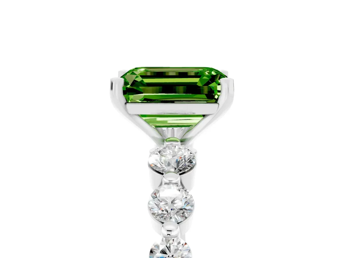 Emerald Cut Solitaire Peridot Ring with Pave Band and Four-Prong Setting Silver