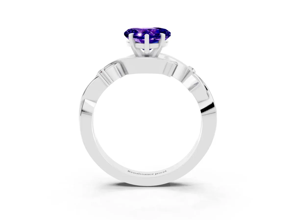 Heart Cut Tanzanite Solitaire Ring with Twisted Band and Prong Setting Platinum