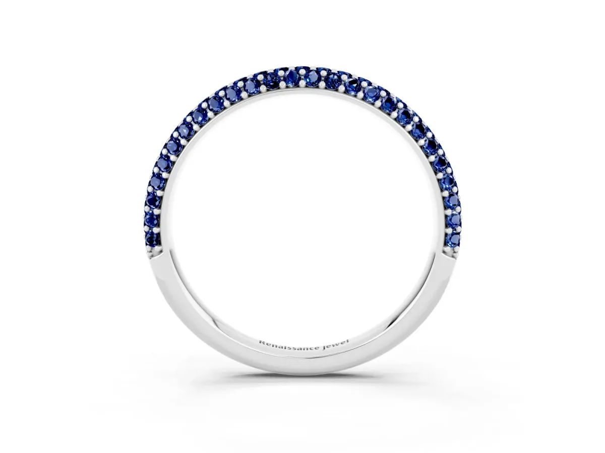 Round Blue Sapphire Pavé Eternity Band with Shared Prong Setting Silver