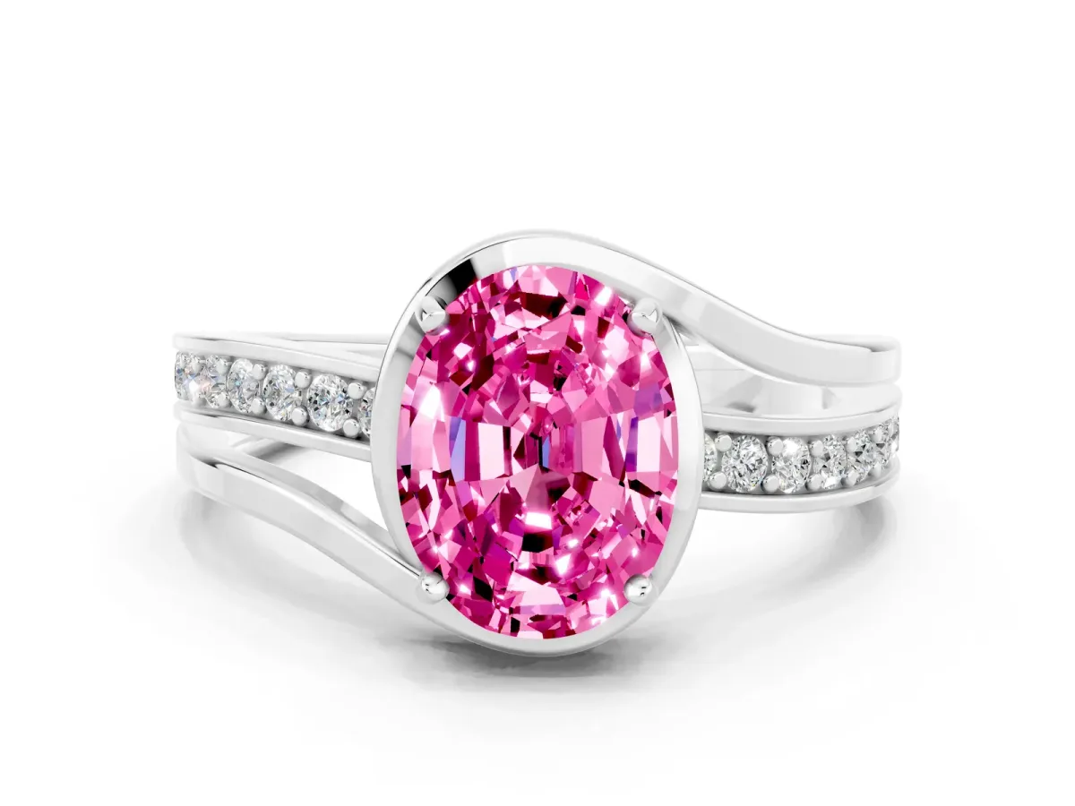 Oval Cut Pink Sapphire Solitaire Ring with Split Shank and Prong Setting White gold
