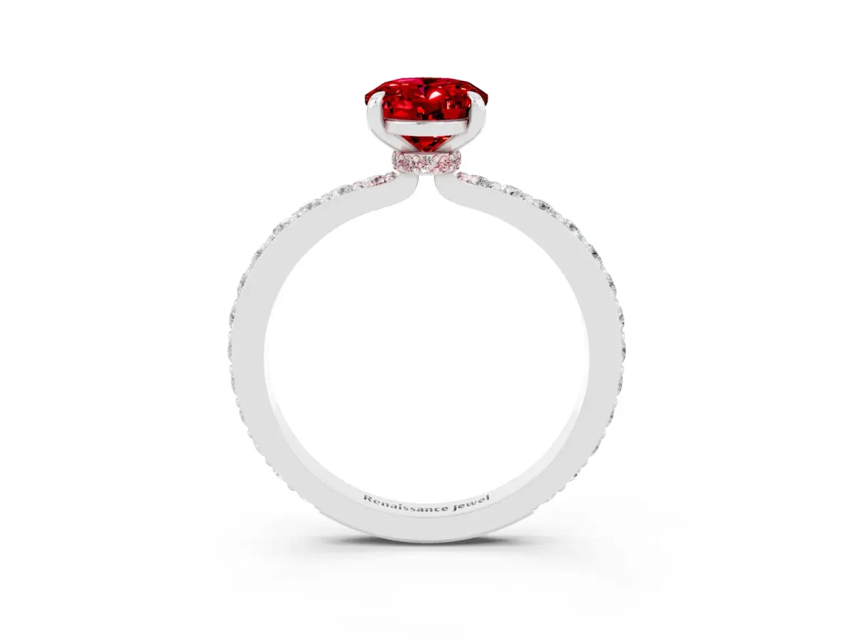 Oval Cut Ruby Solitaire Engagement Ring with Pavé Band and Four-Prong Setting Silver