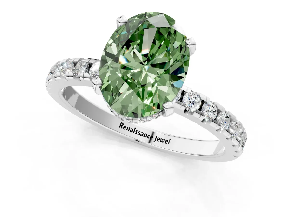 Fancy Green Oval Cut Diamond Solitaire Ring with Round Pavé Band and Four-Prong Setting Silver