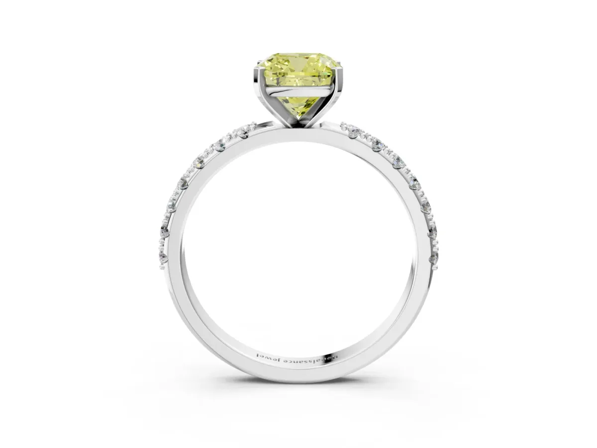 Fancy Yellow Cushion Cut Diamond Solitaire Pavé Band with Four-Prong Setting Silver