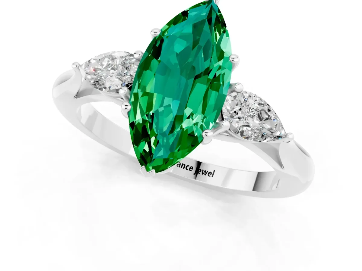 Marquise Cut Emerald Three-Stone Ring with Pear Side Stones and Prong Setting Silver