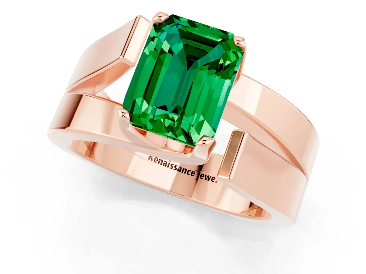Modern Tension Set Emerald Cut Emerald Solitaire Wide Band Ring Rose gold