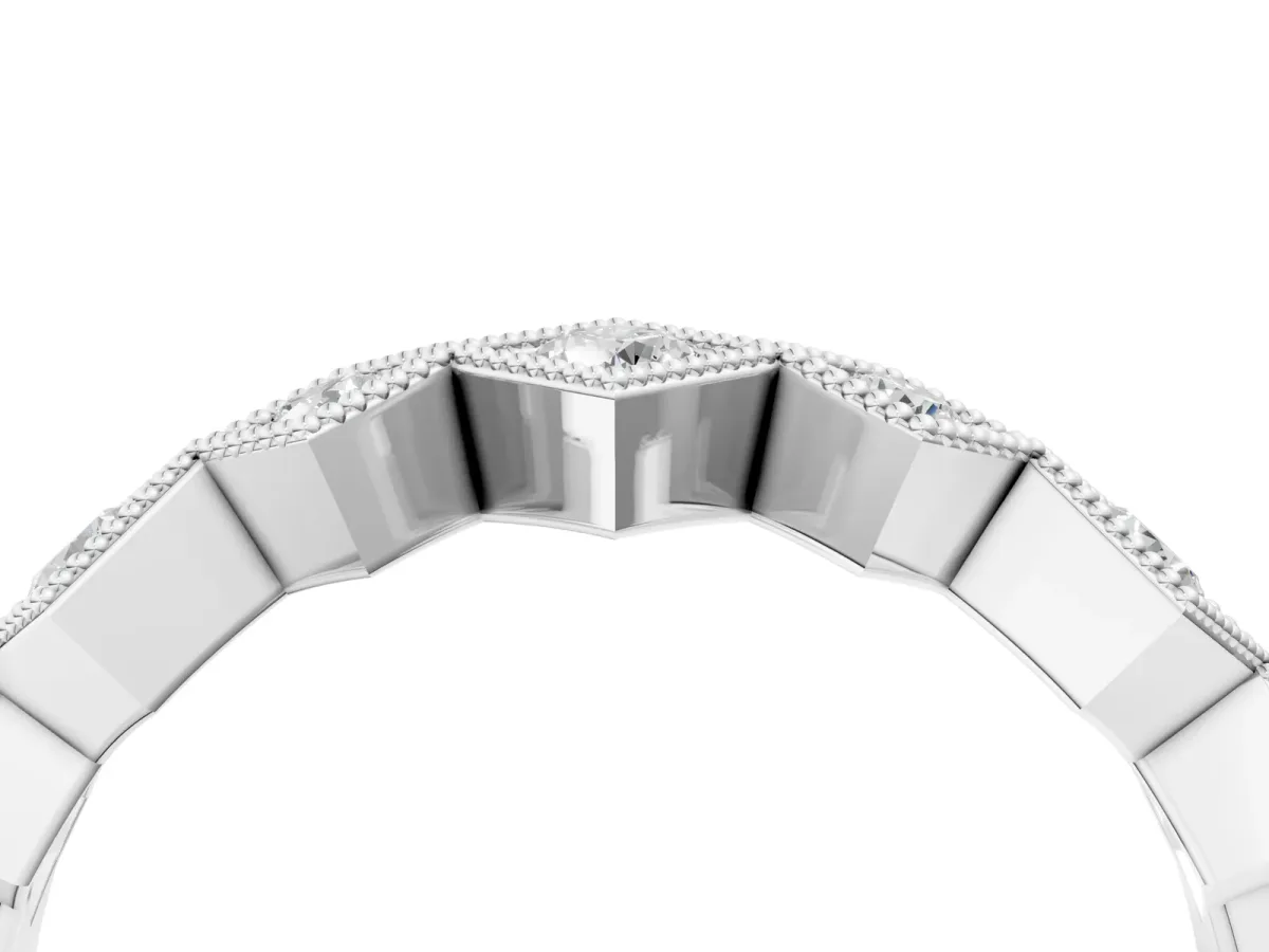 Milgrain Square Bezel Round Diamond Chevron Band Silver
