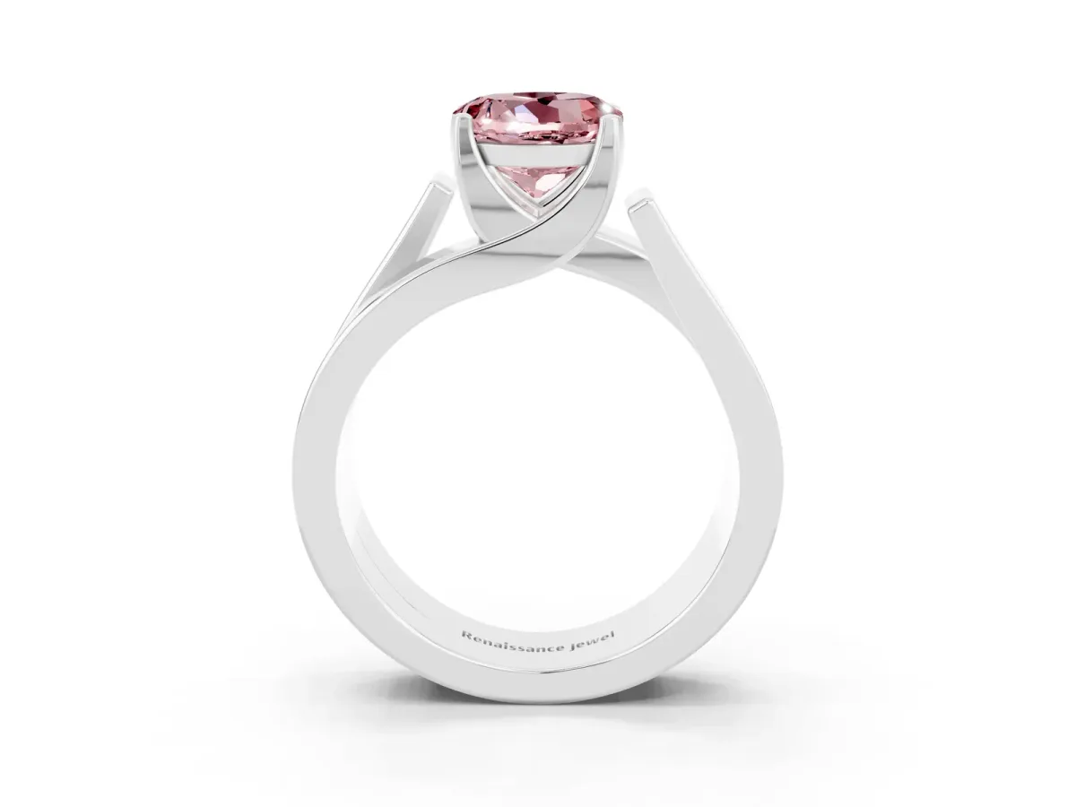 Modern Tension Set Round Cut Morganite Solitaire Wide Band Ring Platinum