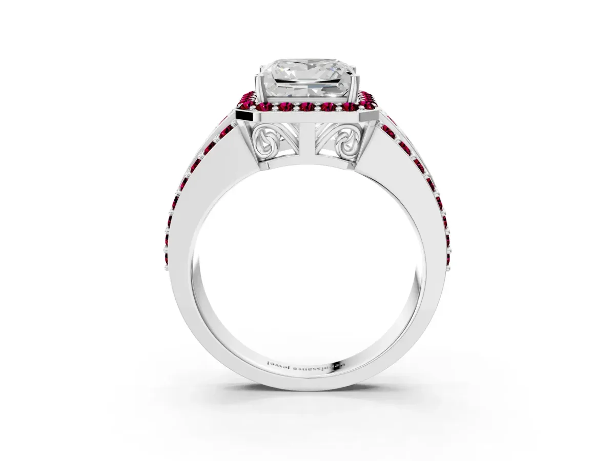 Princess Cut Halo Diamond Ring with Round Garnet Split Shank and Prong Setting Silver