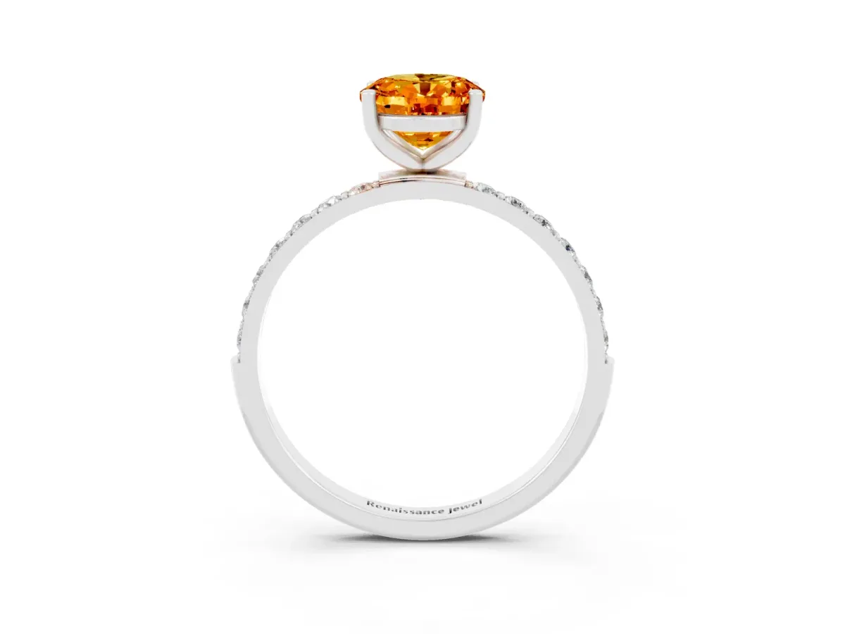 Oval Cut Citrine Solitaire Ring with Round Pavé Band and Prong Setting Platinum