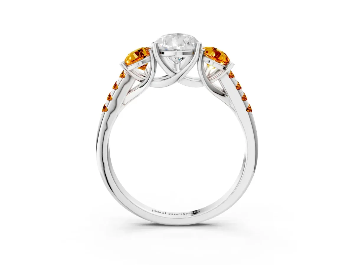 Three-Stone Pear Cut Diamond Ring with Round Citrine Pavé Band and Prong Setting Platinum