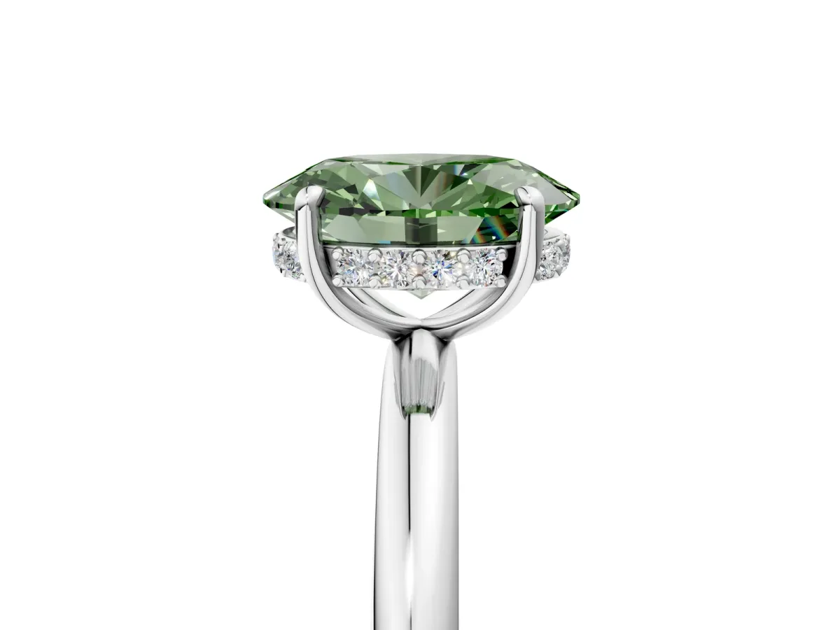 Fancy Green Oval Cut Diamond Solitaire Ring with Thin Band and Four-Prong Setting White gold