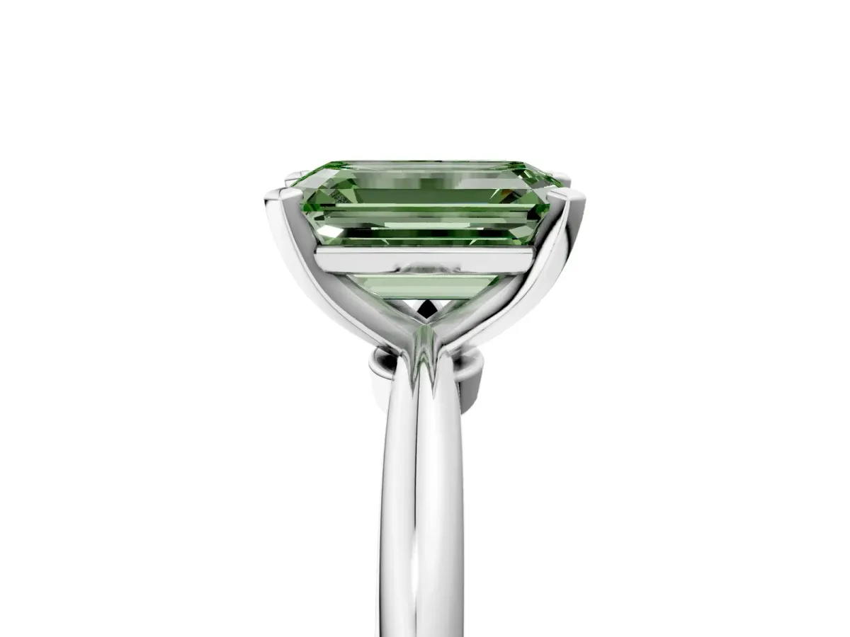 Fancy Green Emerald Cut Diamond Solitaire Ring with Six-Prong Setting and Classic Band Silver