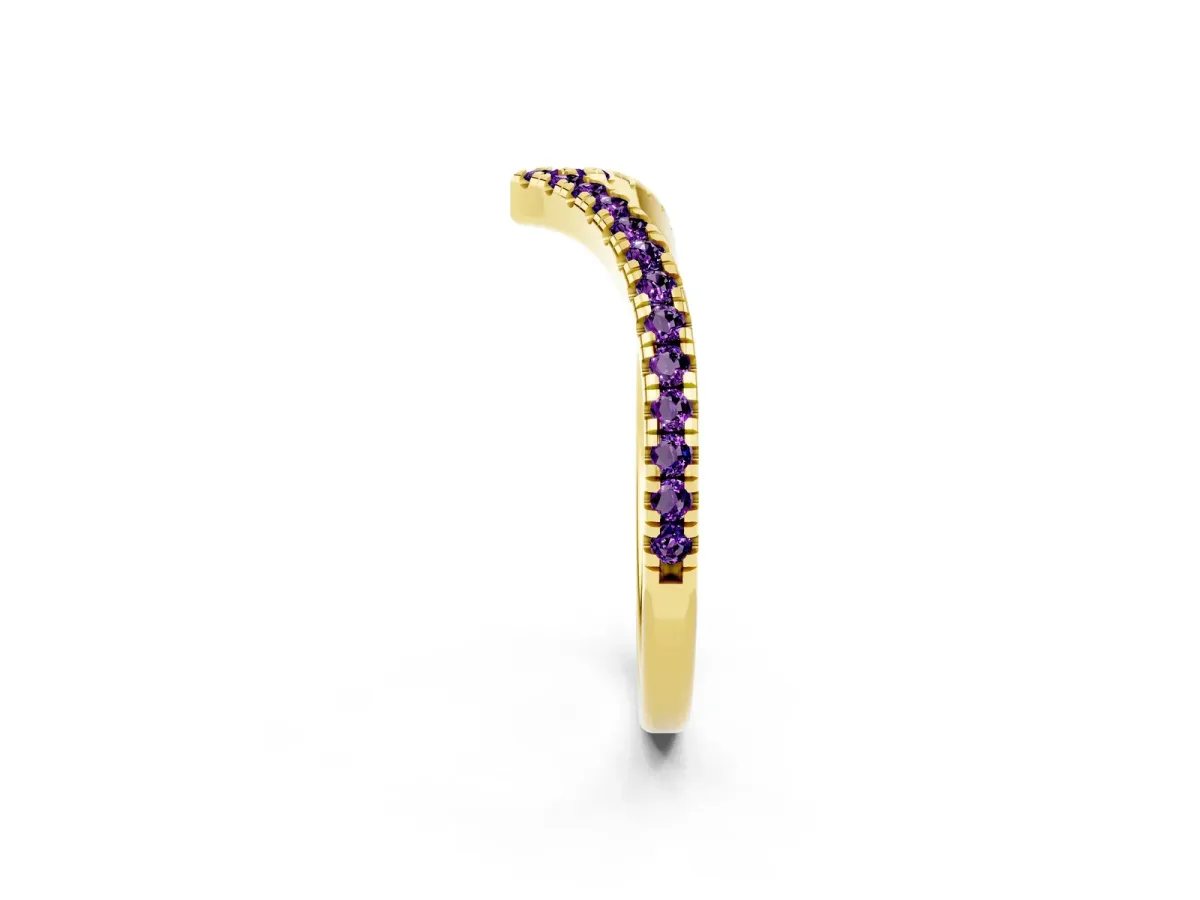 Pavé Round Amethyst V-Shaped Chevron Band with Shared Prong Setting Yellow gold