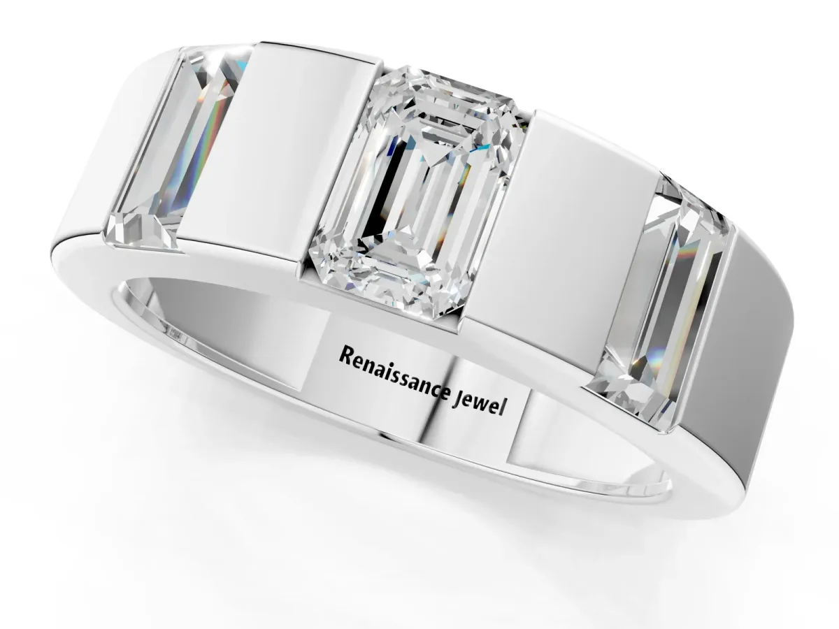 Emerald Cut Diamond Three-Stone Mens Ring with Baguette Side Stones Platinum