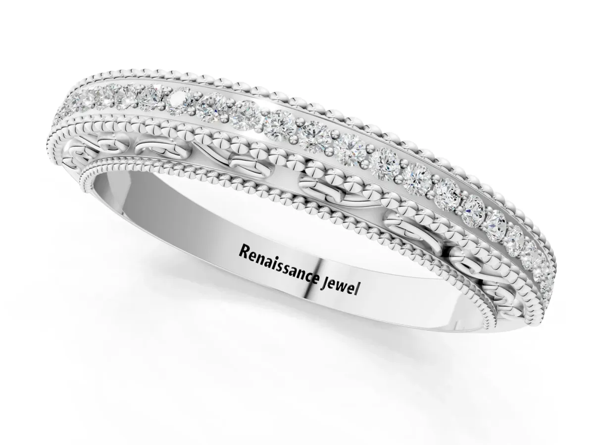 Round Diamond Pavé Milgrain White Gold Eternity Band Platinum