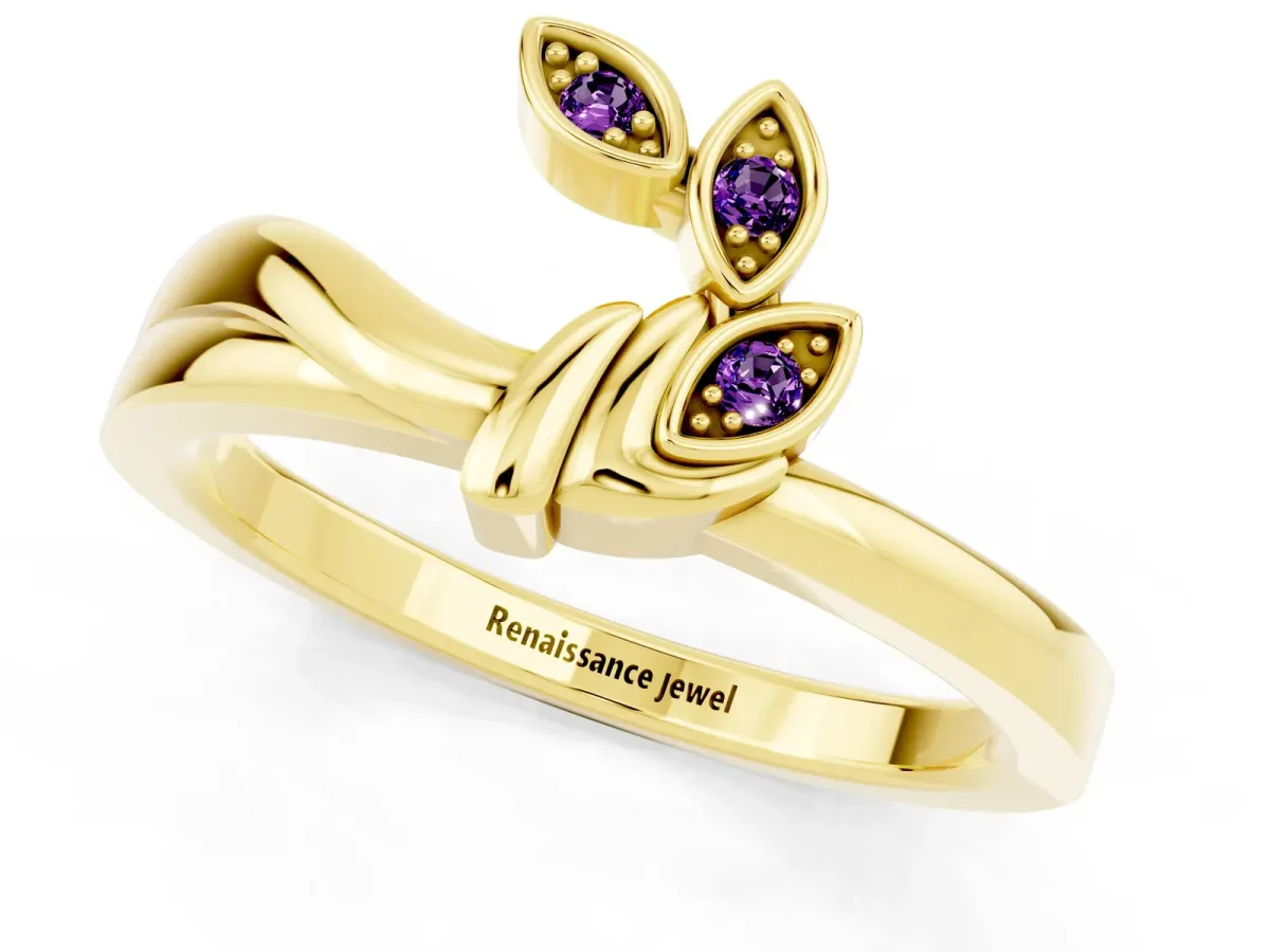 Three-Stone Round Amethyst Leaf Bypass Ring with Bezel Setting Yellow gold