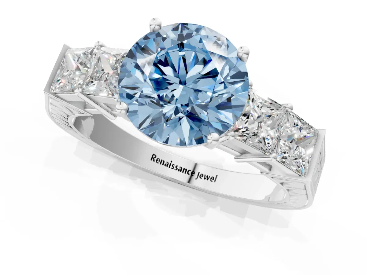 Fancy Blue Round Cut Solitaire Princess Side Stone Engraved Band Prong Setting Ring Silver