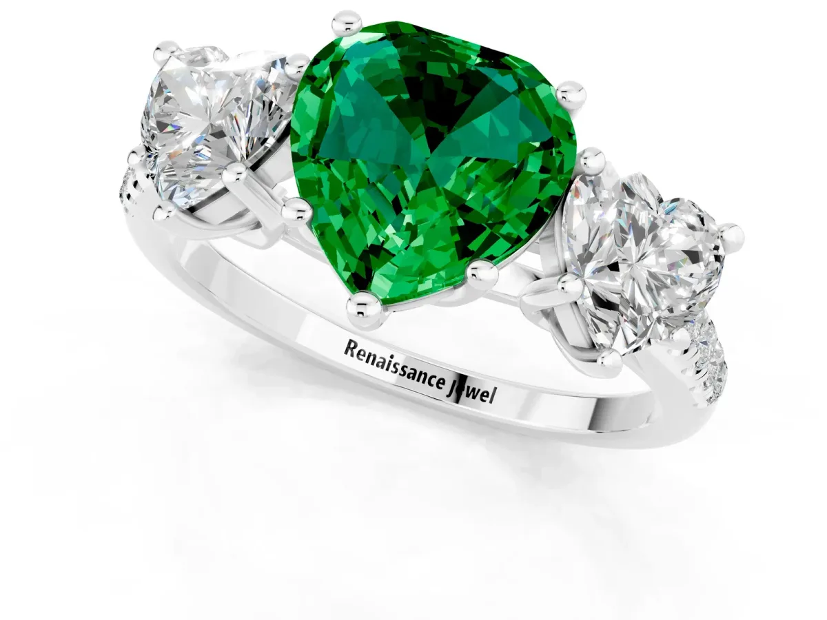 Three-Stone Heart Cut Emerald Ring with Round Pavé Band and Prong Setting Silver