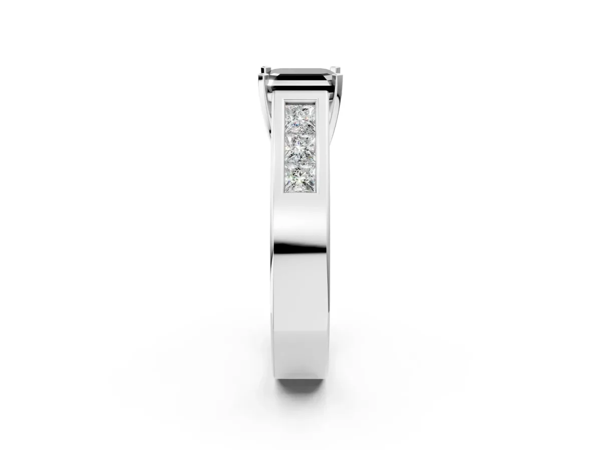 Fancy Black Asscher Cut Cut Channel Set Solitaire Ring with Four-Prong Setting Silver