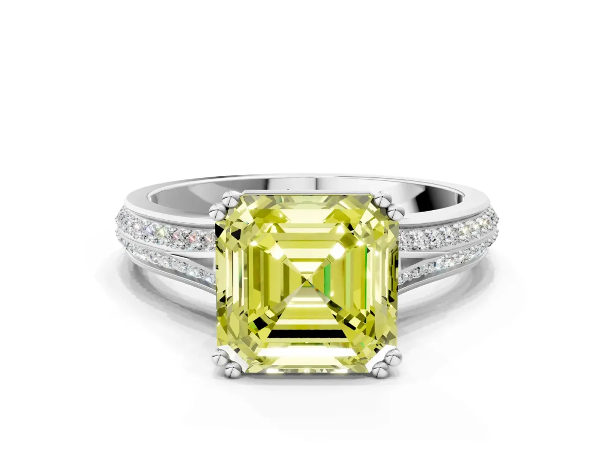 Fancy Yellow Asscher Cut Diamond Split Shank Engagement Ring with Pavé Band Platinum