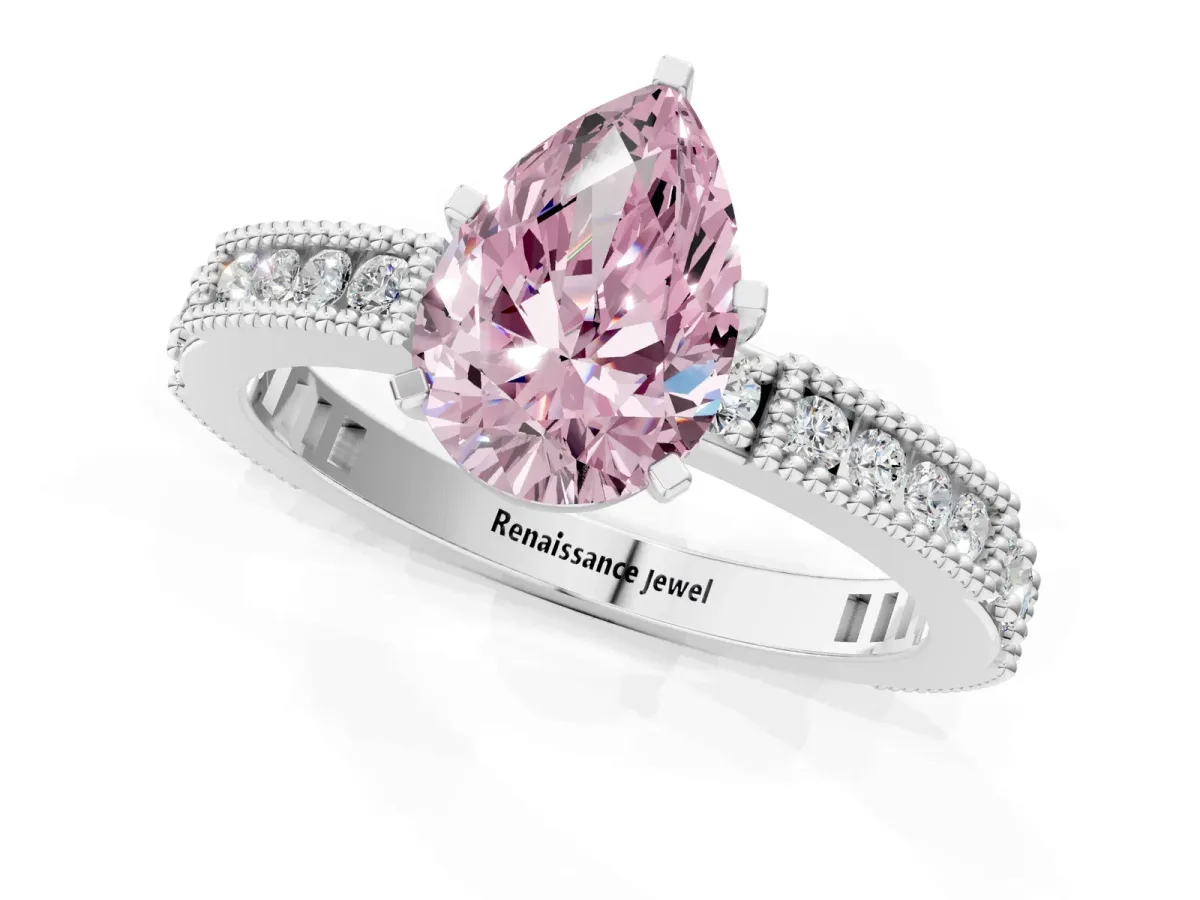 Fancy Pink Pear Cut Solitaire with Pavé Band and Four-Prong Setting Platinum