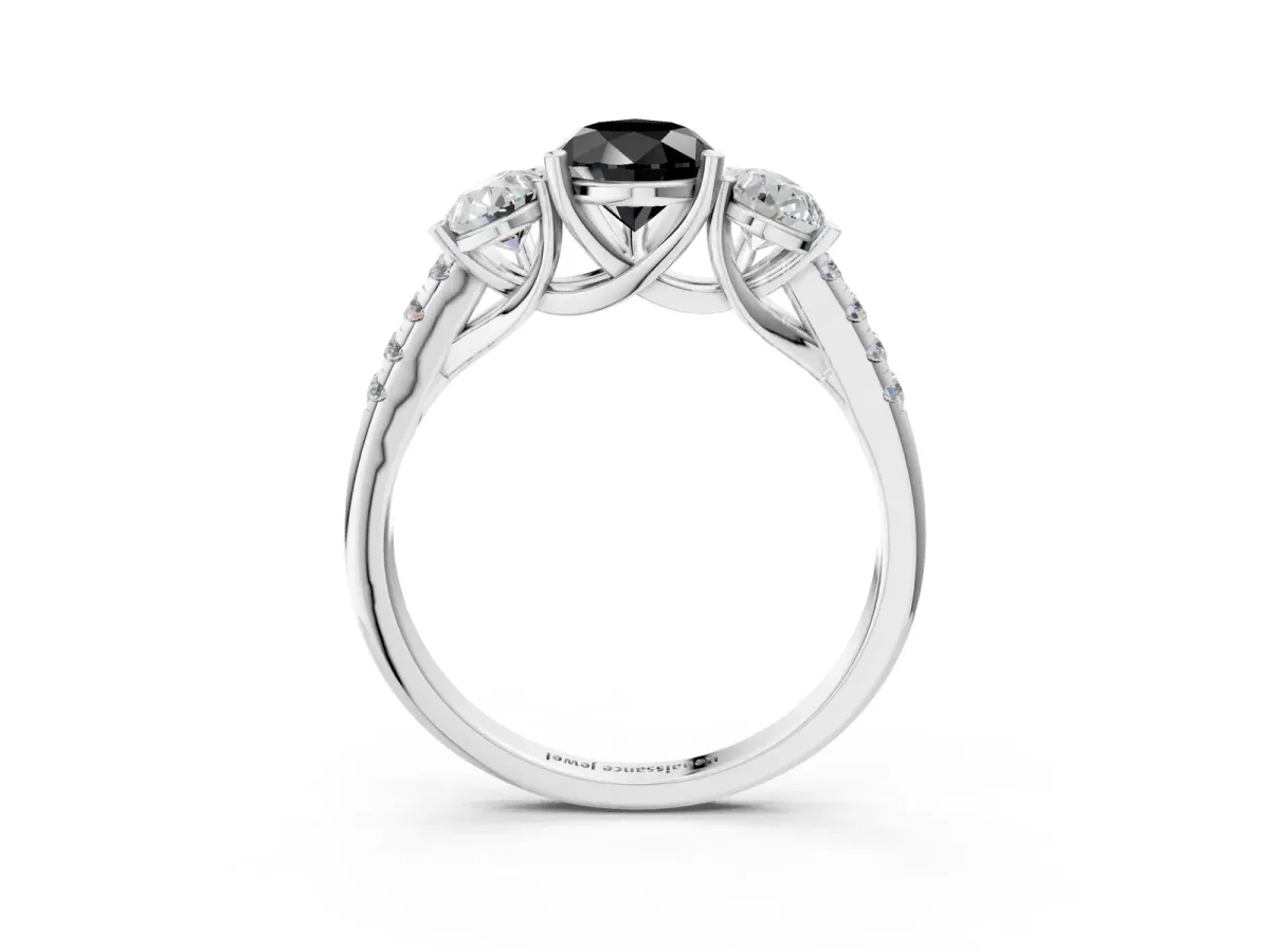 Fancy Black Three-Stone Pear Cut Diamond Ring with Round Pavé Band and Prong Setting Silver