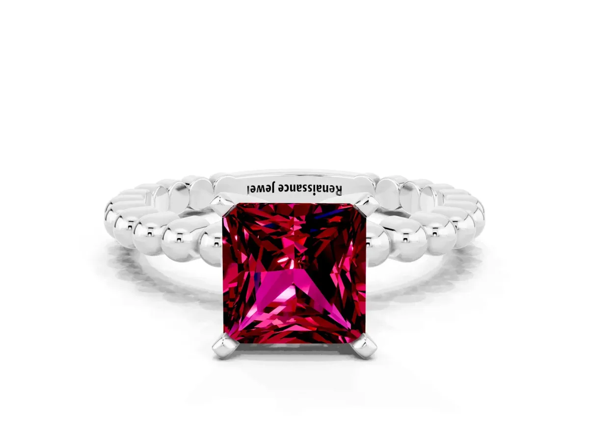 Princess Cut Garnet Solitaire Ring with Beaded Band and Prong Setting Platinum