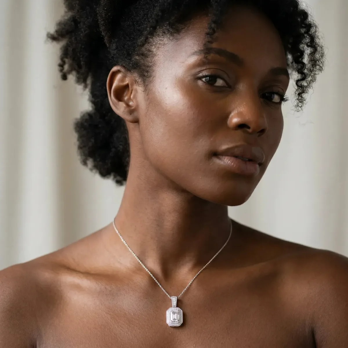 Emerald Cut Halo Diamond Pendant with Pavé Setting Silver