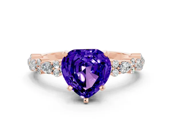 Heart Cut Tanzanite Side Stone Solitaire Ring with Round and Four-Prong Setting Rose gold