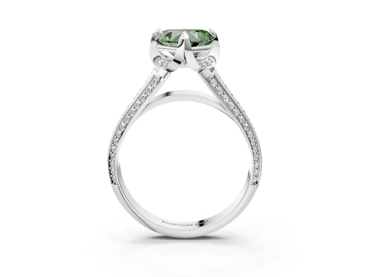 Fancy Green Heart Cut Solitaire Pave Split Shank Ring with Four-Prong Setting Platinum