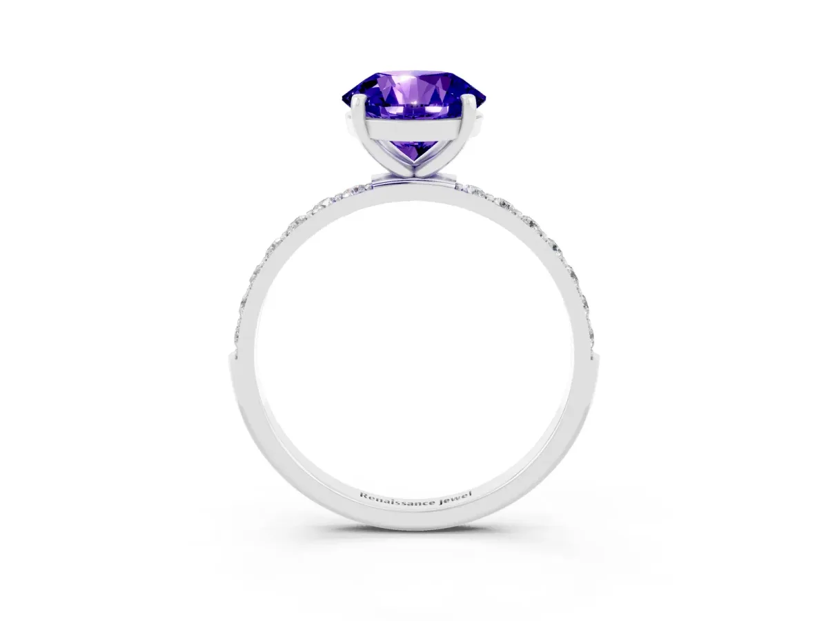 Round Cut Tanzanite Solitaire Ring with Round Pavé Band and Prong Setting Silver