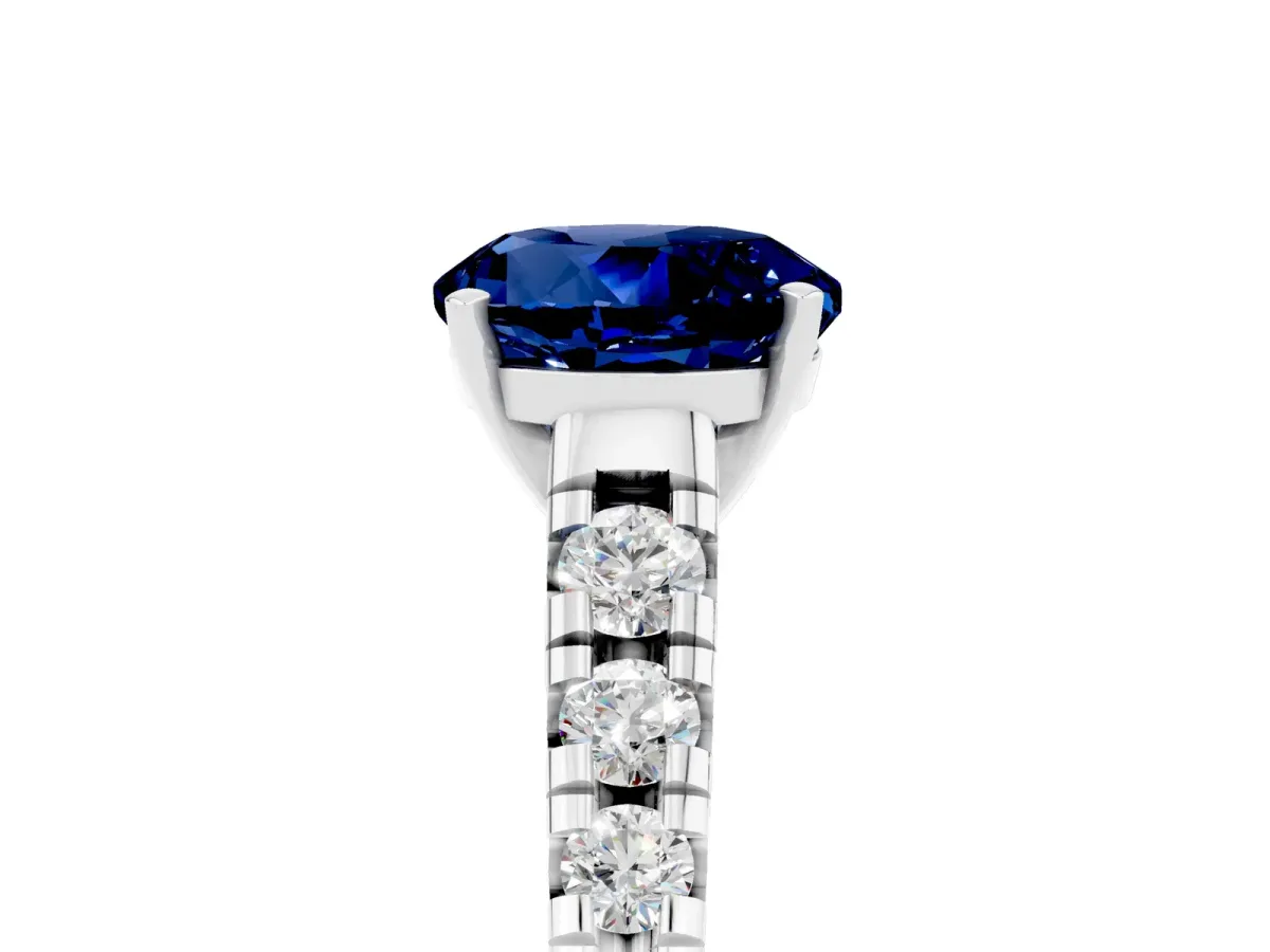 Round Cut Blue Sapphire Cathedral Solitaire Ring with Round Pavé Band Silver