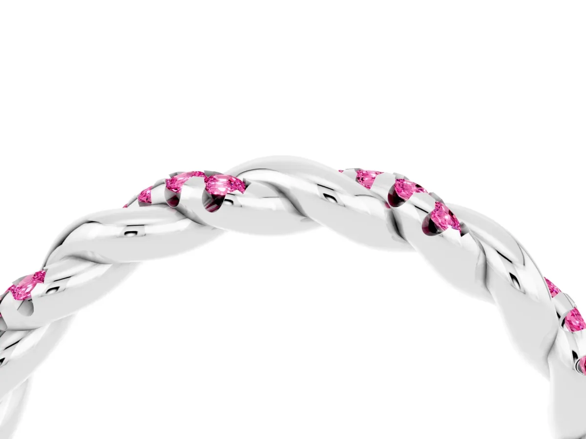 Twisted Pavé Round Pink Sapphire Eternity Band Silver