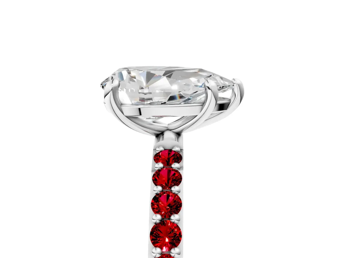 Pear Cut Diamond Solitaire Ring with Round Ruby Pavé Band and Prong Setting Silver