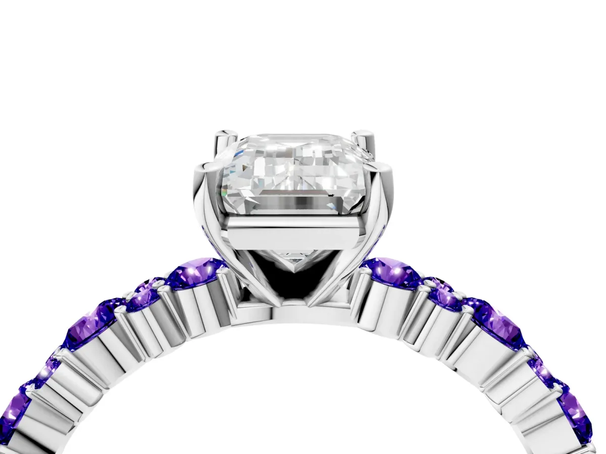 Emerald Cut Diamond Side Stone Solitaire Ring with Round Tanzanite and Four-Prong Setting Platinum
