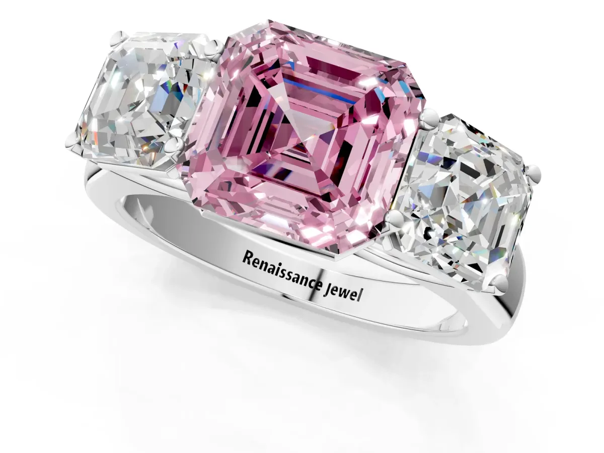 Fancy Pink Asscher Cut Three-Stone Diamond Ring with Prong Setting on a Classic Band Platinum